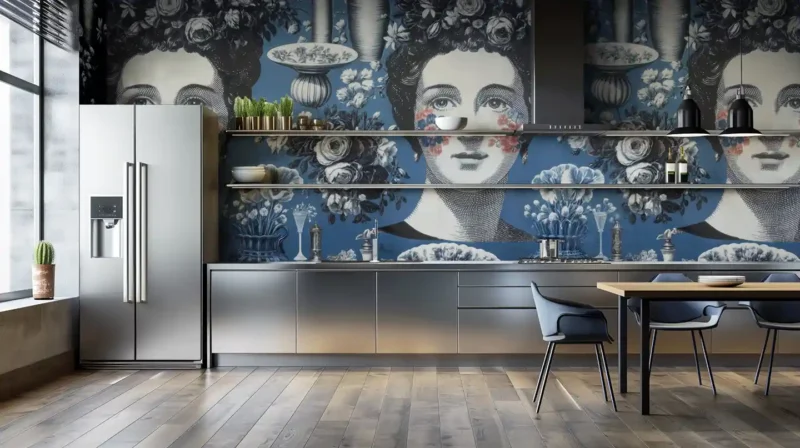 Carta da parati in fibra di vetro modello Ophelia Noir di SpaghettiWall applicata sulla parete e sul paraschizzi di una cucina moderna con mobili in acciaio.