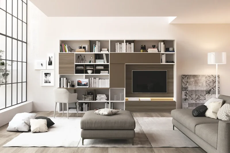 composizione a parete per il living perfetta per avere un angolo studio in soggiorno