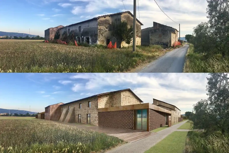 Edificio rurale toscano prima e dopo la trasformazione in progetto di ospitalità diffusa firmato b-arch