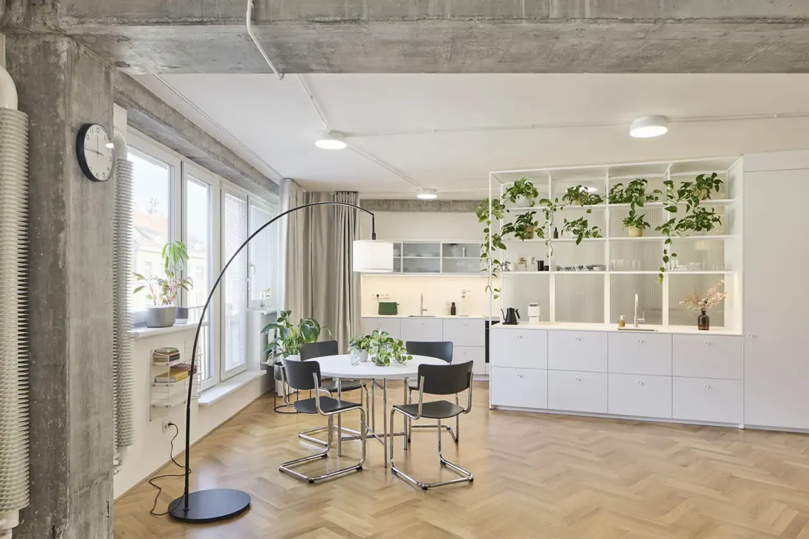 Vista generale dell'appartamento senza pareti progettato da RDTH architekti: zona pranzo con tavolo rotondo, scaffalature aperte e colonne in calcestruzzo a vista