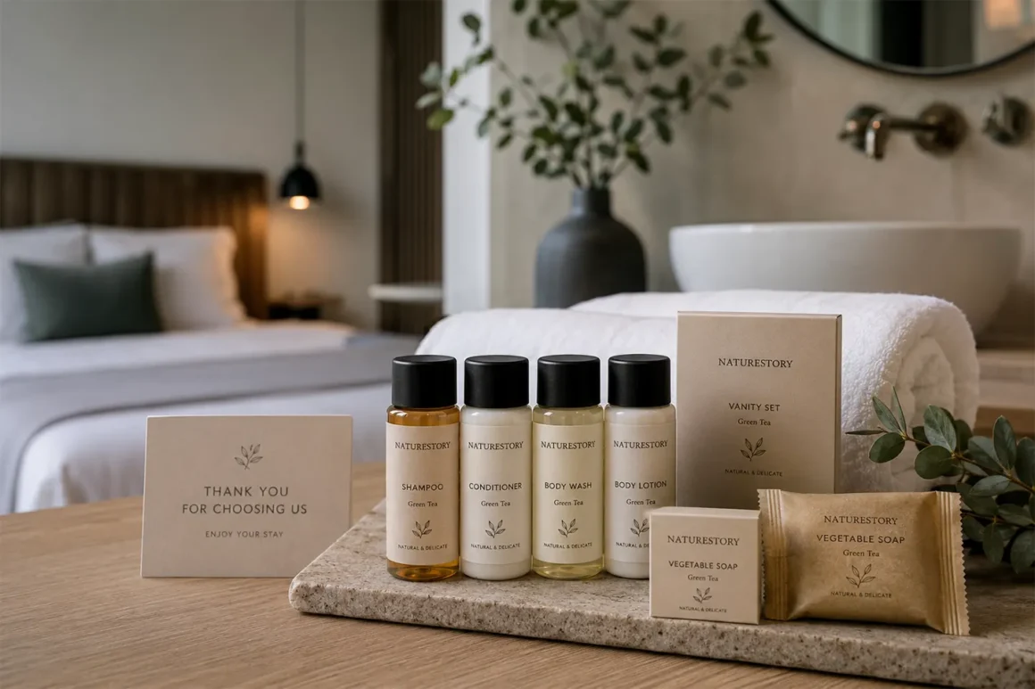 Linea cortesia Naturestory per hotel: shampoo, balsamo, bagnoschiuma e sapone vegetale Green Tea su vassoio in camera