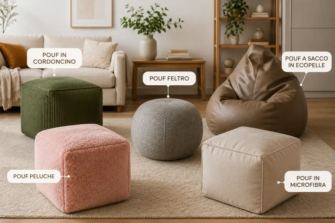 Cinque tipi di materiali dei pouf in un soggiorno moderno: cordoncino verde, peluche rosa, feltro grigio, ecopelle marrone e microfibra beige