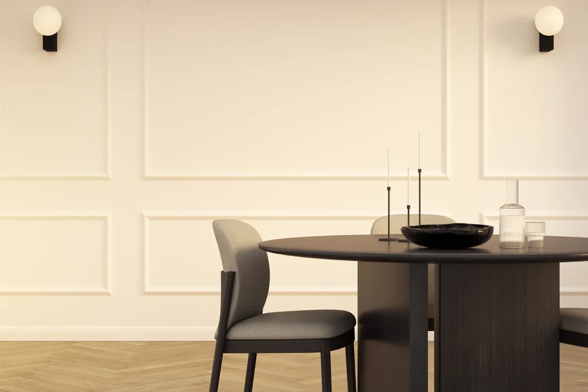 Sala da pranzo con cornici decorative per pareti Naos Moove.Décor by Déco in tono avorio