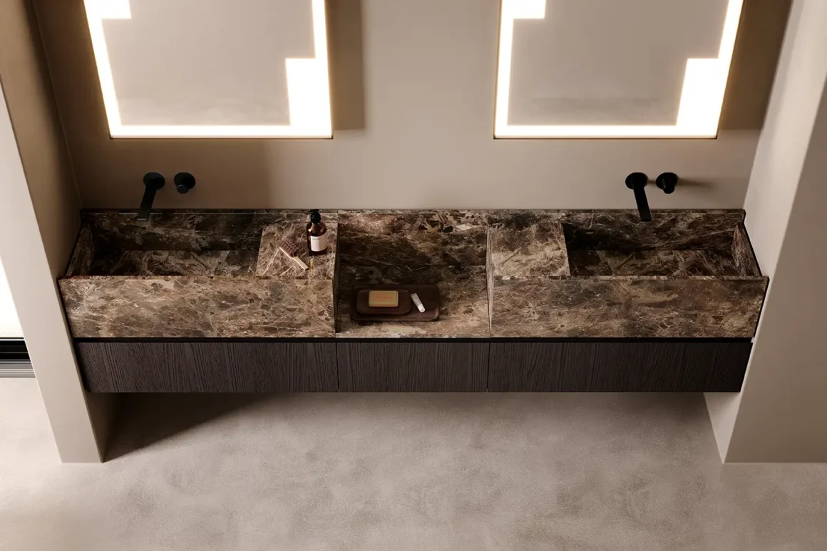 Lavabi in marmo Emperador Dark sottopiano con doppia vasca integrata e base sospesa in legno scuro