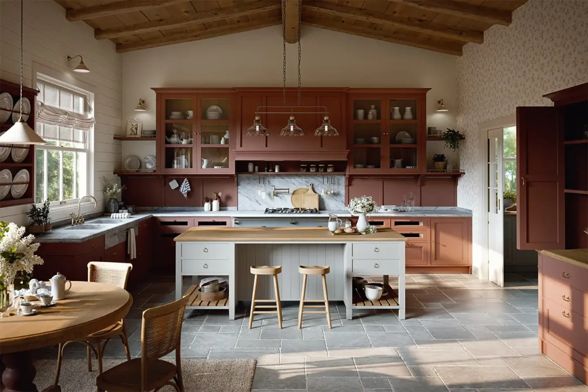 Marchi Cucine Adalise, cucina rustica moderna con isola centrale in legno e ante color terracotta