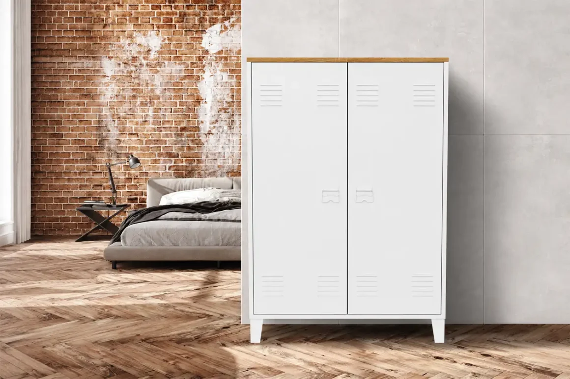 Armadietti ecoonomici, modello in metallo bianco in stile industriale con dettagli in legno, ambientato in camera da letto
