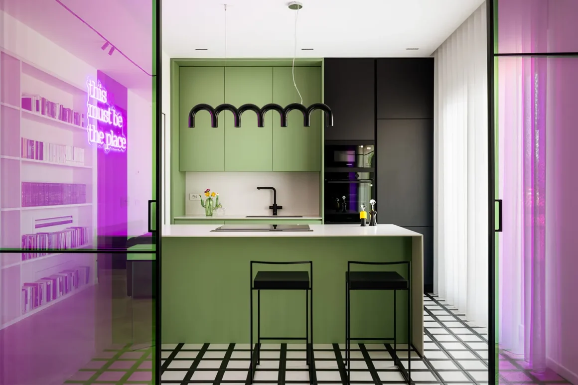 come dividere cucina e soggiorno senza muri, progetto Casa Kaleido