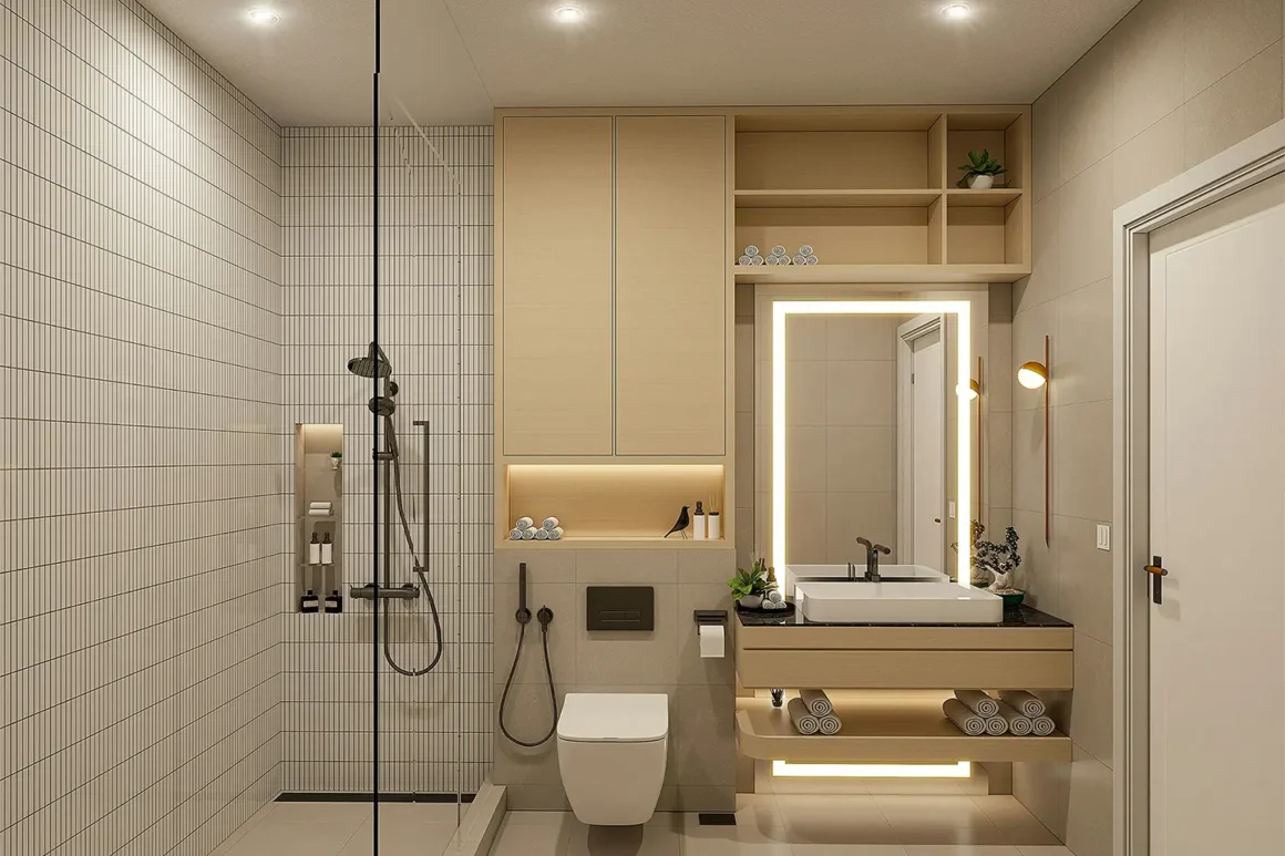 Progetto moderno con soluzioni arredo bagno cieco piccolo con illuminazione led, sanitari sospesi, doccia walk in