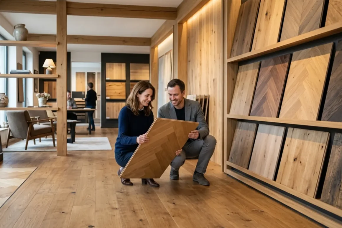 Consulente aiuta una cliente a scegliere il parquet in showroom