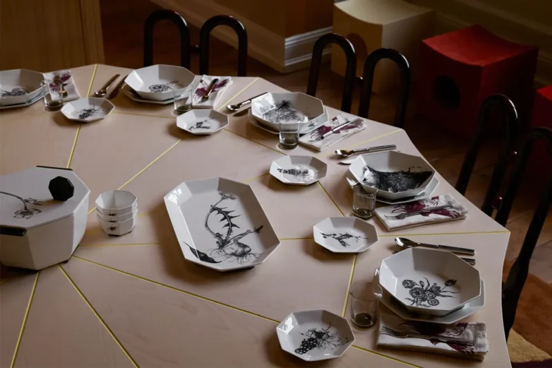 Servizio da tavola con piatti ottagonali illustrati della collezione Atlas of Desire di Zara Home