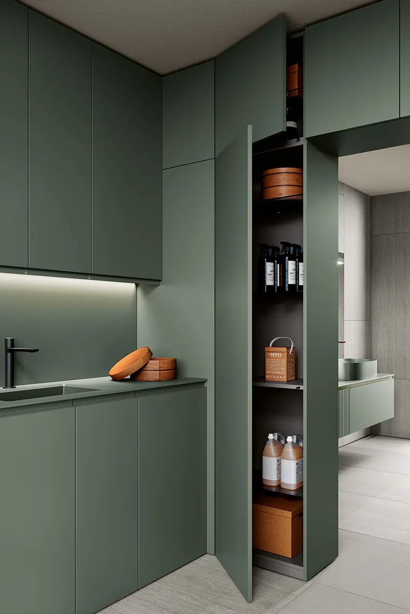 Elemento passante che collega bagno e lavanderia di design nel progetto Archeda