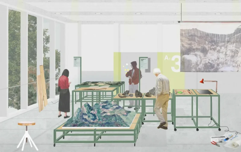 Render dell'allestimento Confini instabili al polo di Lecco del Politecnico di Milano, con modelli del paesaggio alpino e campioni di roccia