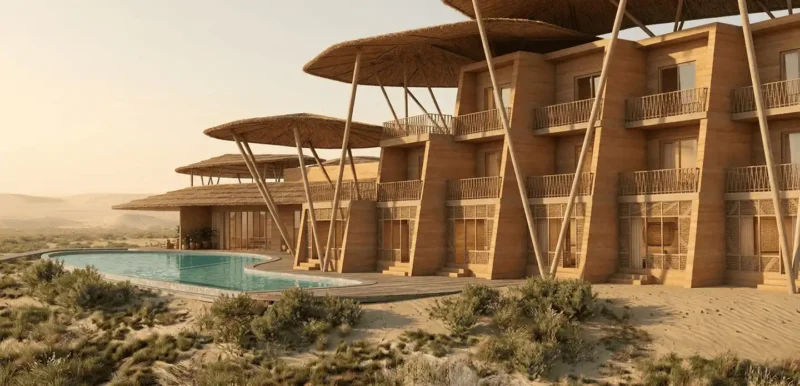 Facciata dell'edificio camere di O'ndar The River Stones of Senegal, architettura in terra e legno