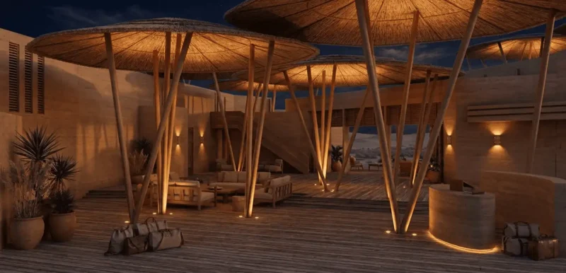 Lobby di O'ndar The River Stones of Senegal illuminata di notte, atmosfera calda ed elegante