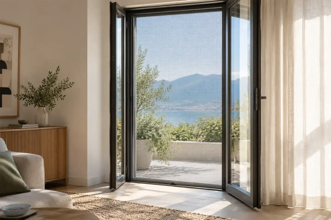 Zanzariera su porta finestra a doppia anta: comfort e vista libera sulla casa